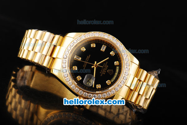 Rolex Day Date II Automatic Movement Full Gold with Diamond Bezel-Black Dial and Diamond Markers - Click Image to Close